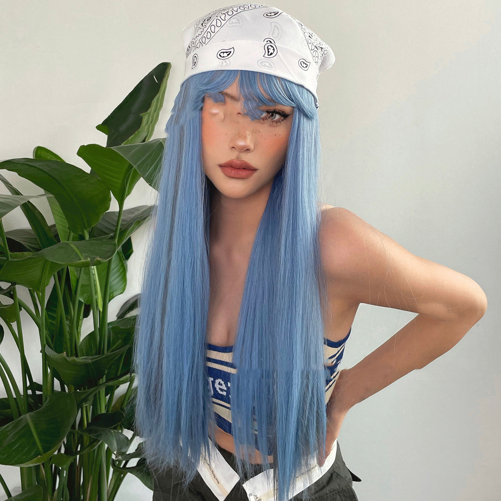 Title 1, Blue Natural Bangs Long Straight Hair Chemical ...