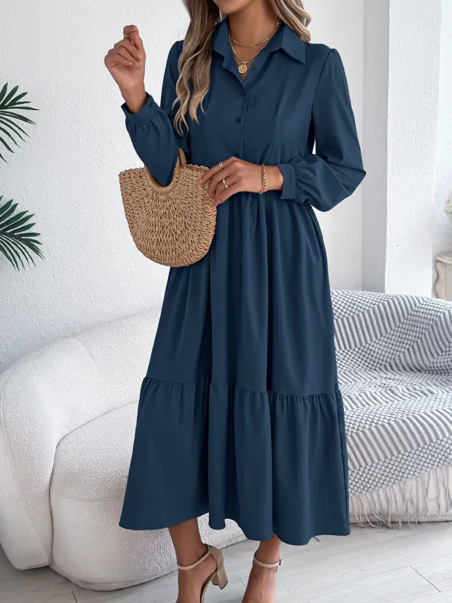 Lapel Casual Loose Long Sleeve Ruffled Blouse Dress Blue - Shop at LoveMi
