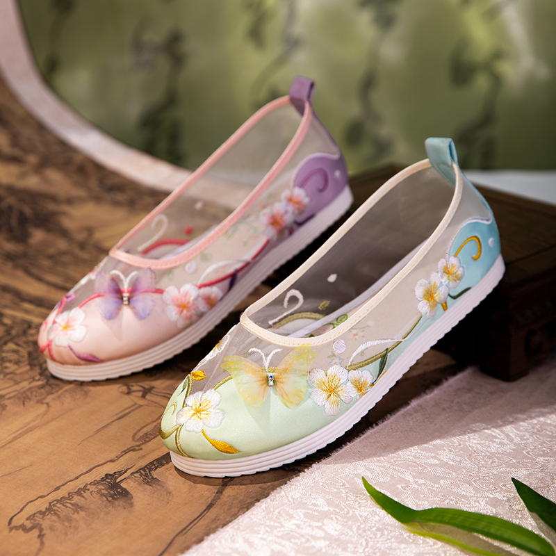 Summer Breathable Mesh Embroidered Flats - Vintage Round-Toe Cloth Shoes, Green Qipao Shoes, Versatile Casual Sandals For Everyday Wear