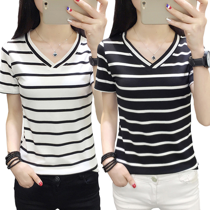 Women’s Black and White Striped V-Neck Short Sleeve Top – Casual Slim Fit Basic Bottoming Shirt - Image 2