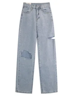 Women's Design Small High Waist Wide Leg Loose Straight Pants - Blue - View 1