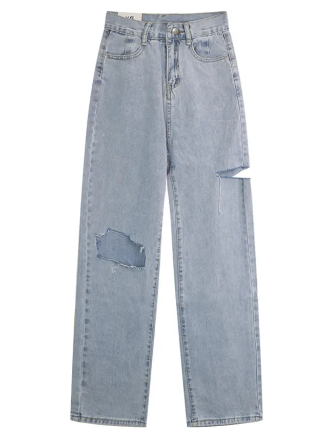 Women's Design Small High Waist Wide Leg Loose Straight Pants Blue - Shop at LoveMi