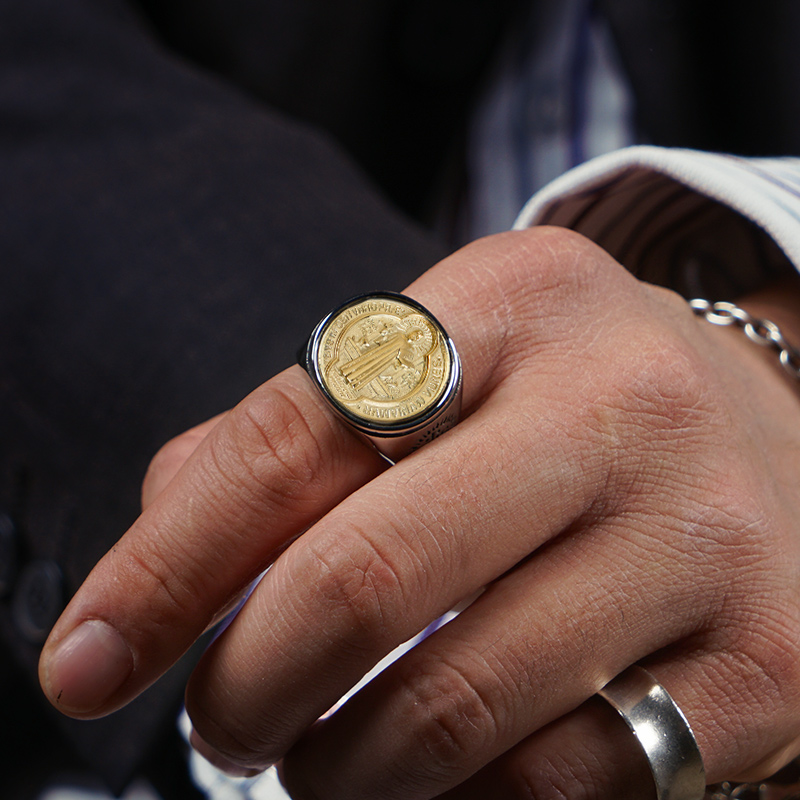 Christian Order Of St. Benedict In Titanium And Bronze Ring