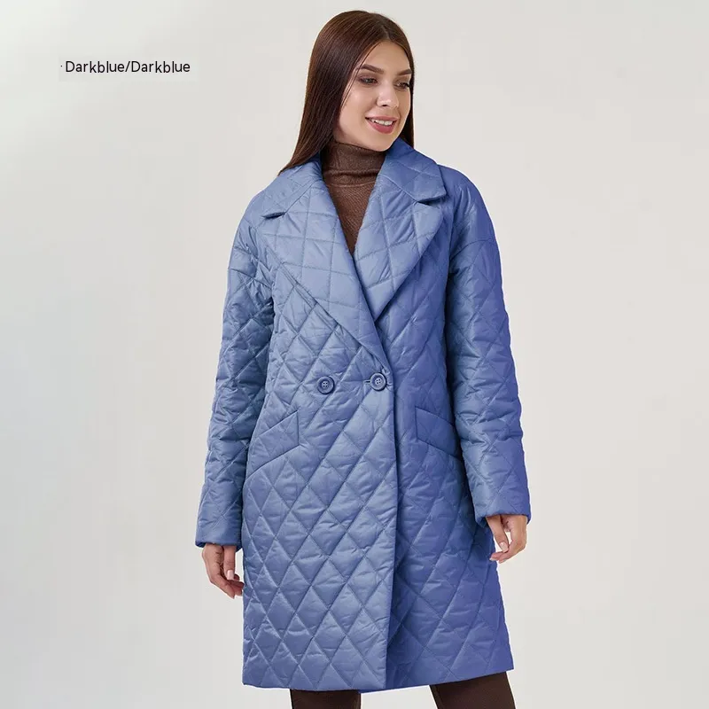 Long Women's Cotton Padded Clothing Casual Waist Tight Plaid Winter Clothing - Dark Blue