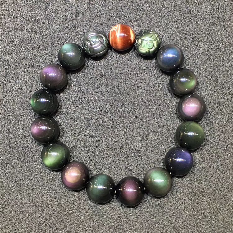 Natural Double Rainbow Obsidian Carved Pixiu Bracelet