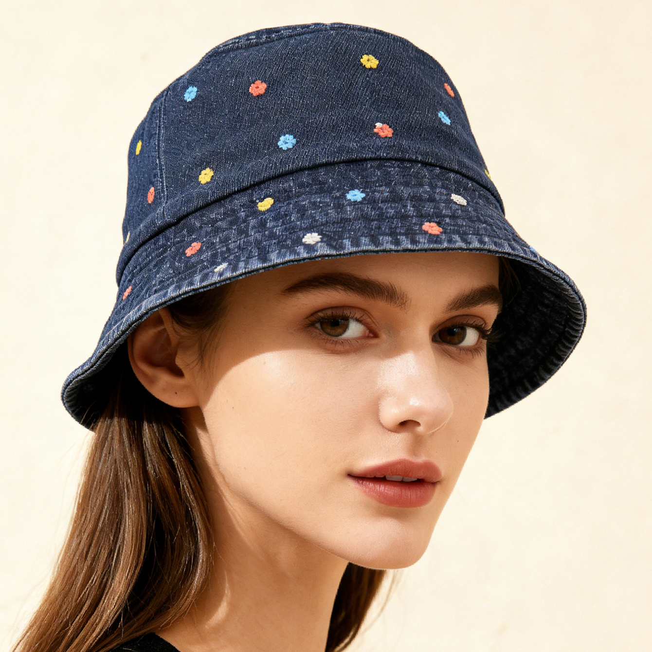 Korean-style Water-washed Embroidered Full-pattern Small Floral Fisherman Hat, Energetic And Cute Flat-top Cap, Suitable For Outdoor Wear.