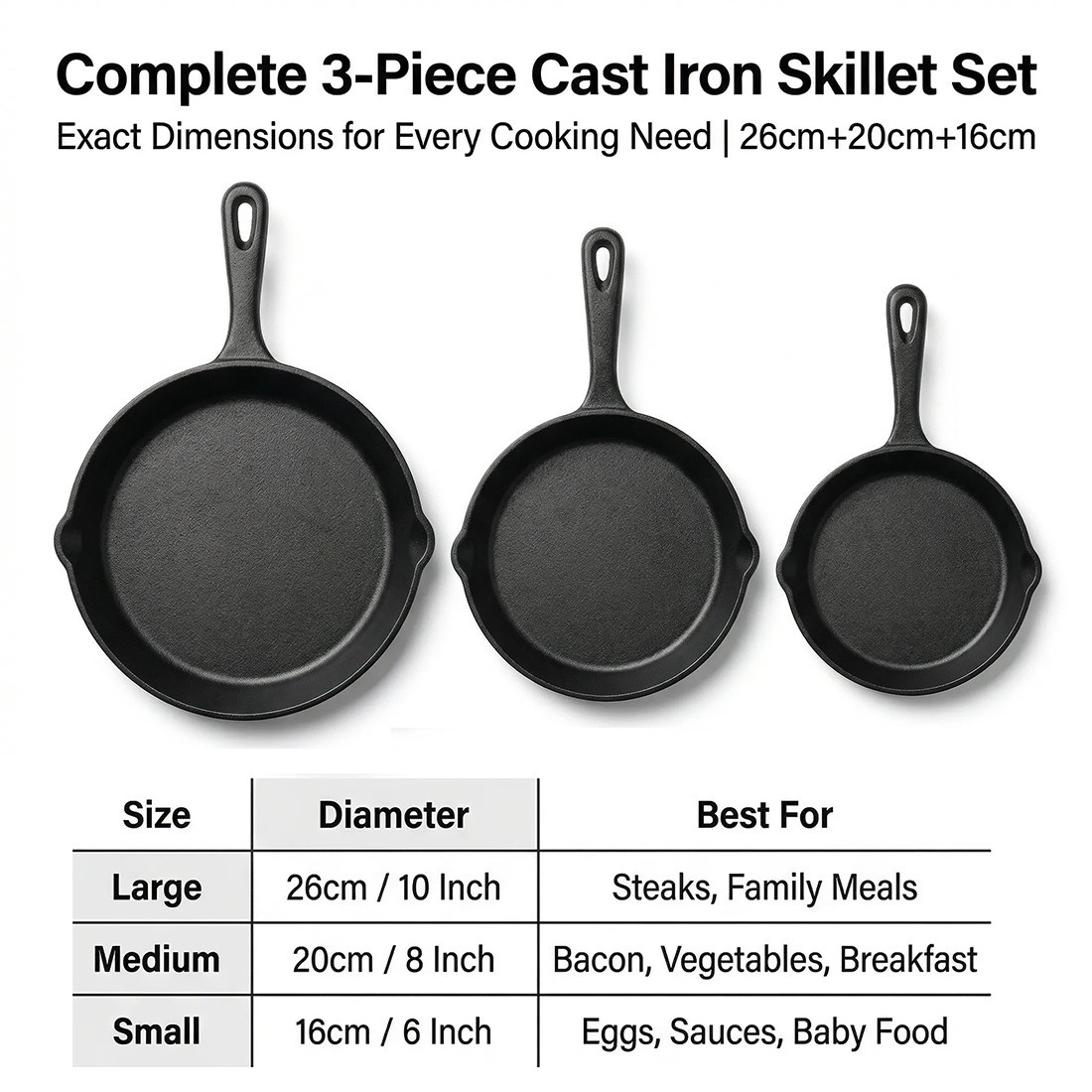 3pcs Pre-Seasoned Cast Iron Skillet Grill Pan With Handle For BBQ,Kitchen — image 9
