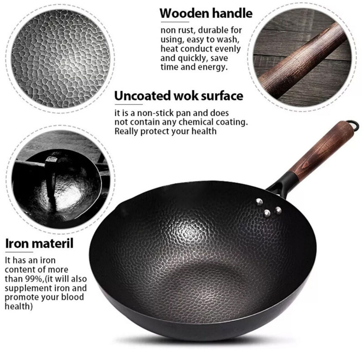 32CM Household Pure Iron Wok Non Coated Cast Pan For Gas Induction Cookers — image 6