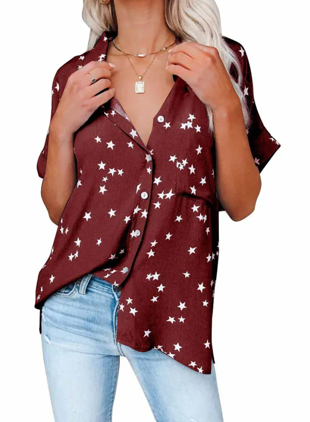 Star Print V neck Buttoned Bat Short sleeve Shirt Wine - Shop at LoveMi