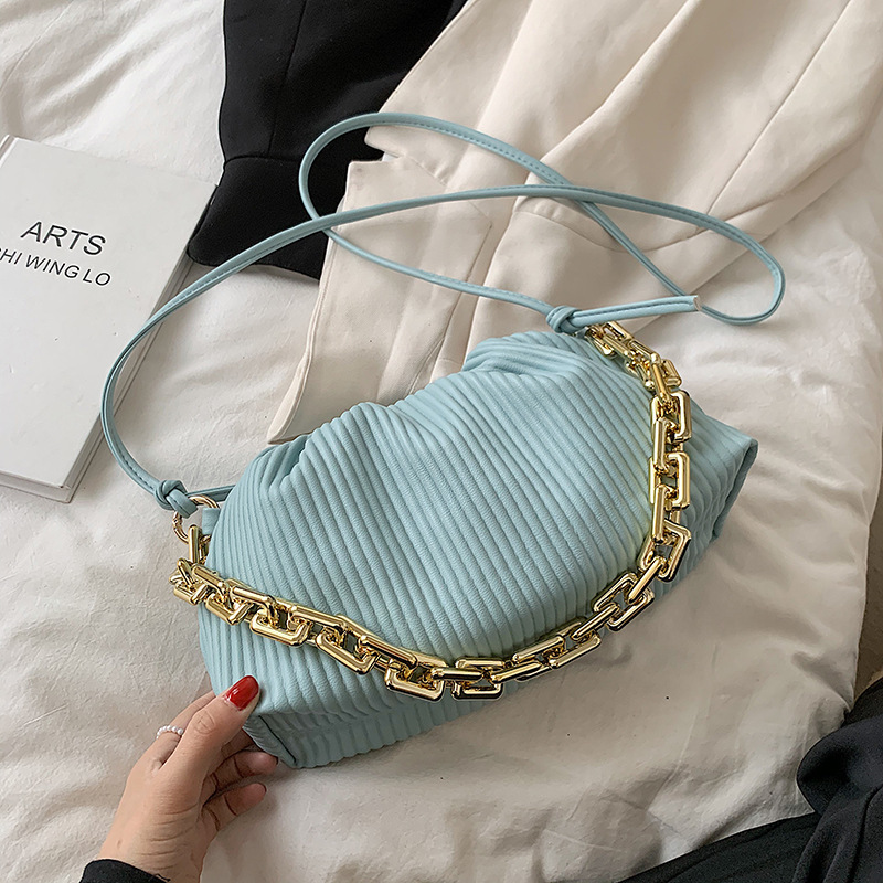 Trendy Fold Cloud Bag Personality Thick Chain Armpit Bag Blue - Shop at LoveMi