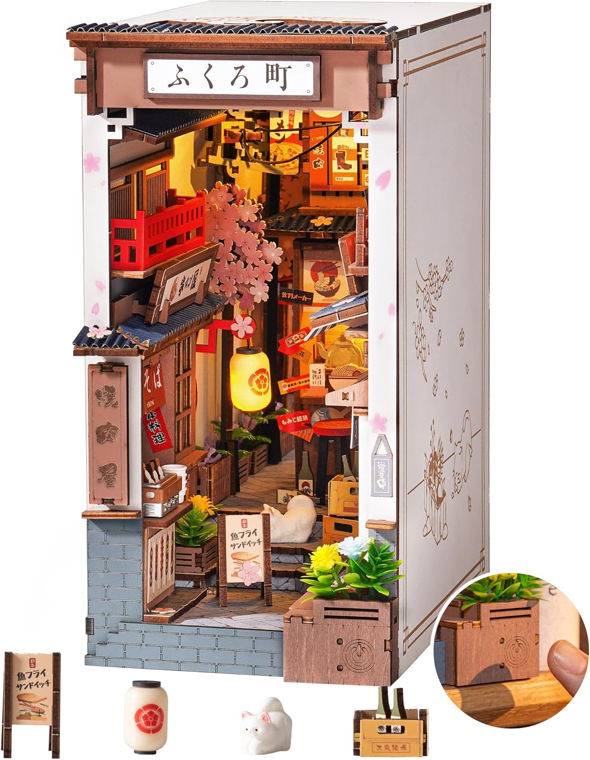 Rolife Cherry Blossom Sake Street Book Corner Set - 3D Wooden Miniature Model, Wooden 3D Puzzle Book Stand Toy With LED Lights, DIY Bookshelf Ornament, Home Decor, Gift For Adults And Teenagers