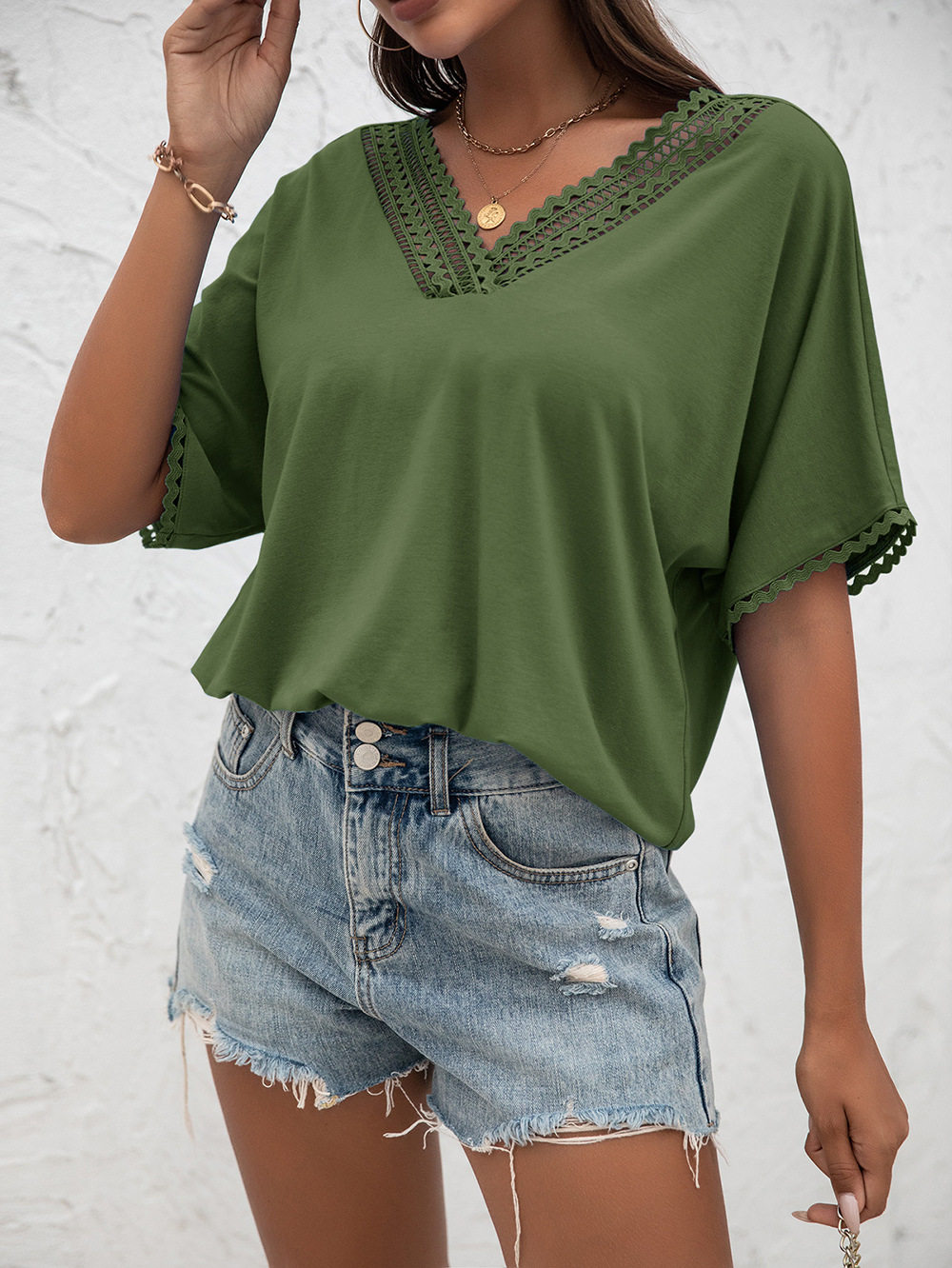 Title 11, Cutout Panel V-Neck Loose Knit Sweater Short Sl...