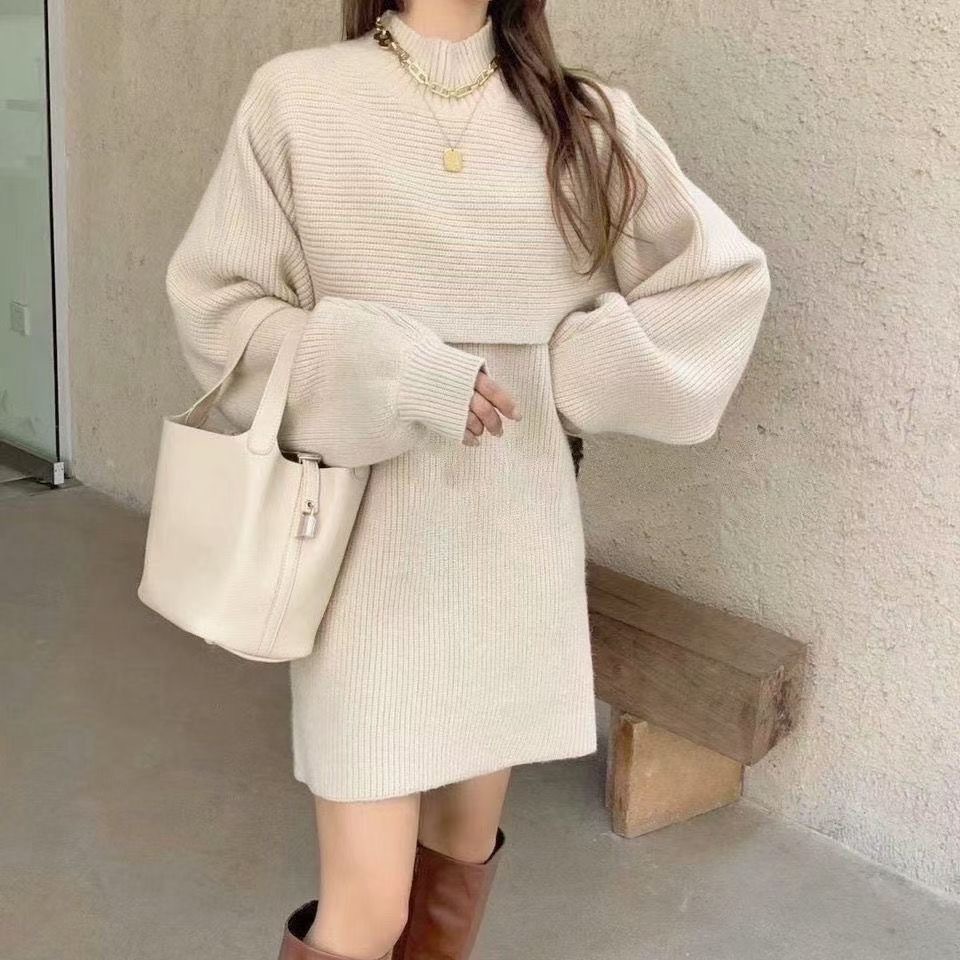Women's Fashion Knitted High Neck Undershirt Dress Set