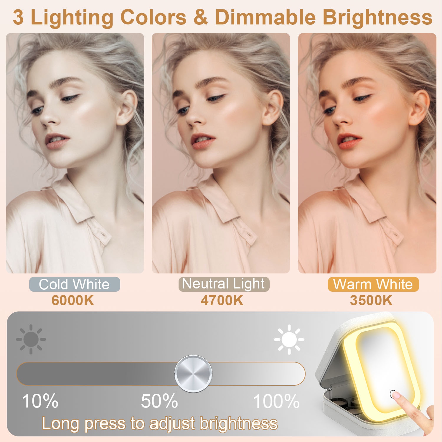 1Pc Portable Travel Makeup Bag With LED Mirror Rechargeable Beauty Mirror With 3 Color Light Dimmable Brightness Waterproof Cosmetic Bag With 4 Compartments Ideal Gift For Women Valentines Day Gift — foto 8