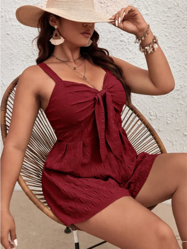 Plus Size Women's Summer Solid Color Front Knot Casual Tank Top Romper Red - Shop at LoveMi