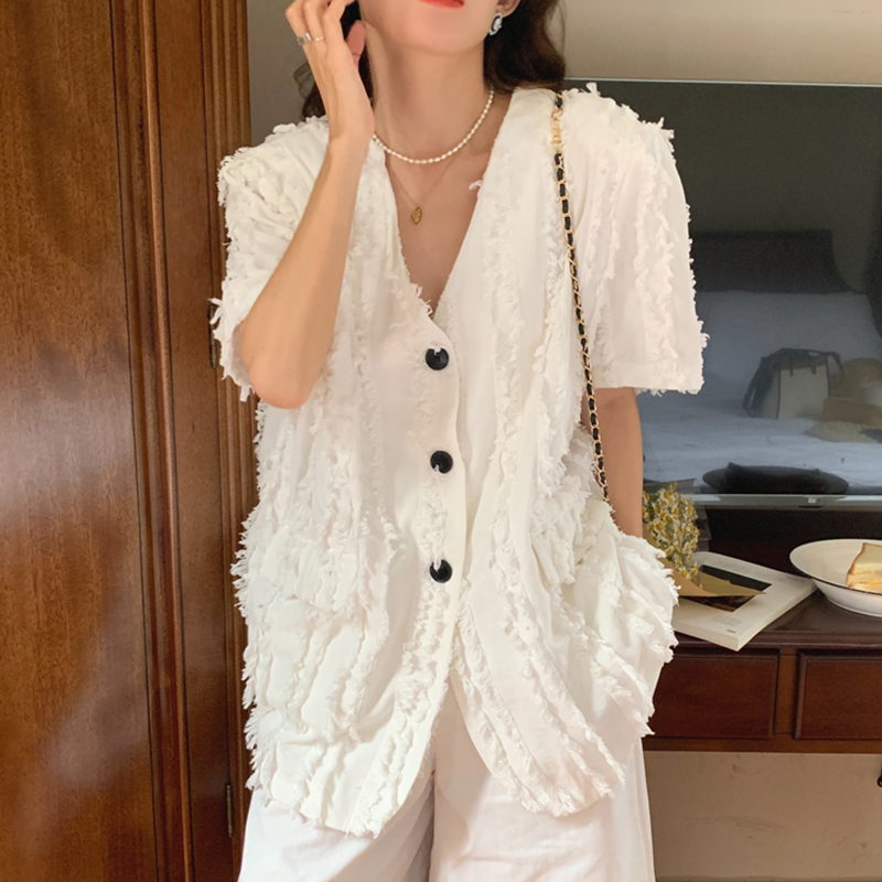 Fringed Fringed Loose Short Sleeve Jacket Top
