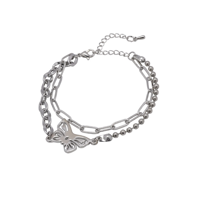 Double Layered Round Bead Chain Hollow Butterfly Stitching Bracelet Hand Jewelry