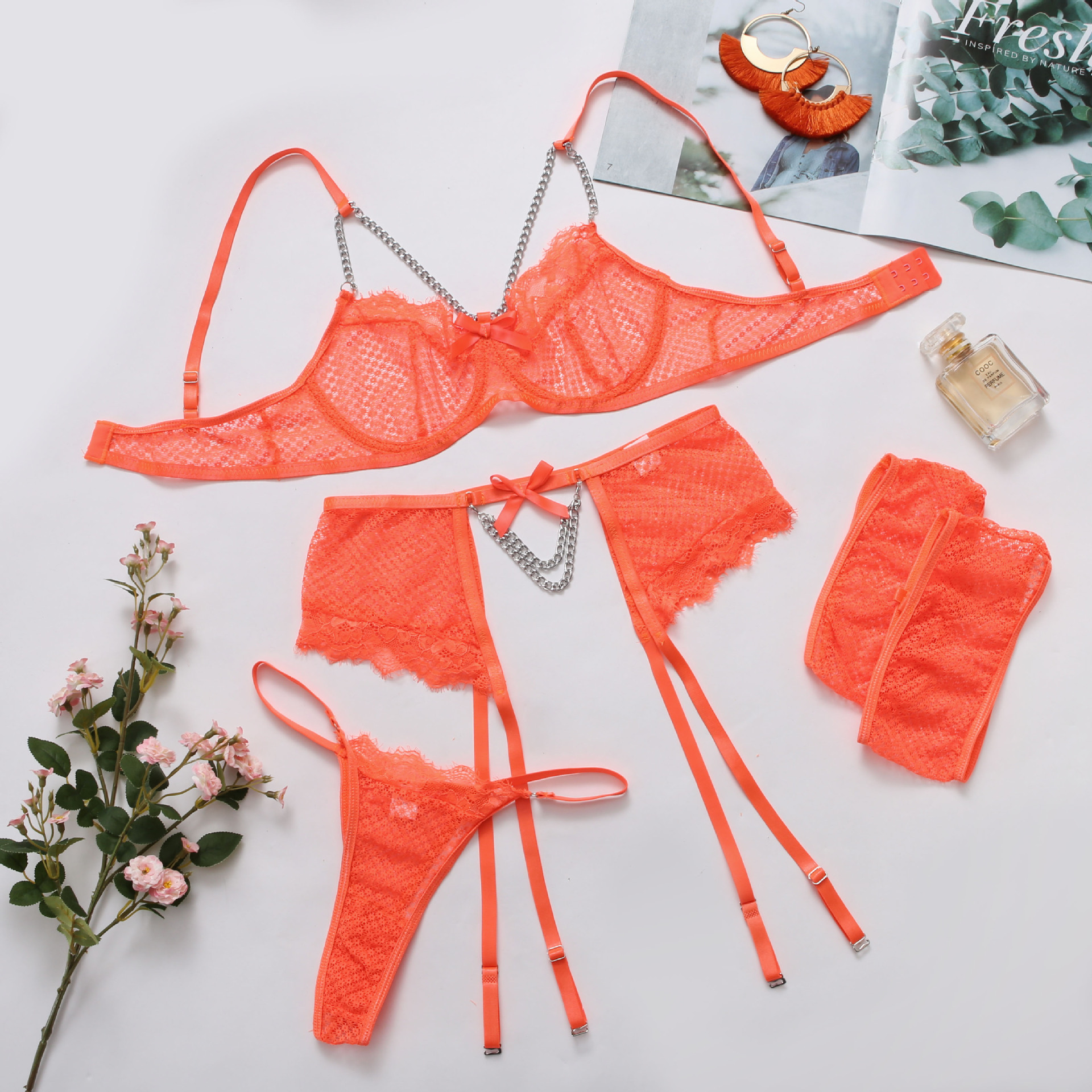Women's Chain Bud Hanging Mesh Bodysuit Set Orange - Shop at LoveMi