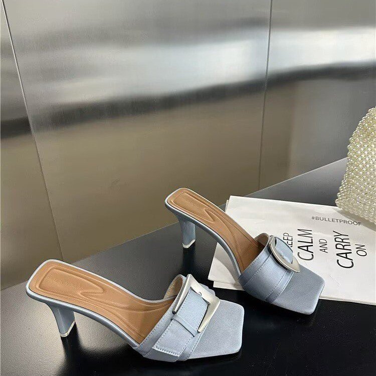 Korean Style Belt Buckle Thick Heel Sandals For Women, Satin Square Toe High Heels With Exposed Toes, Straight Line Slippers