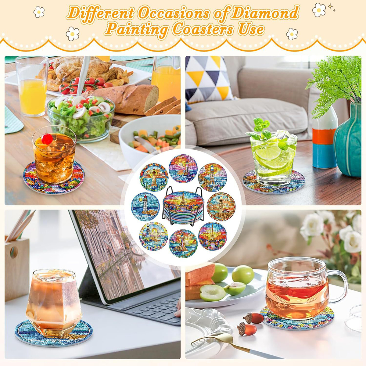 Diamond Art Drawing Coaster With Bracket, DIY Landscape Pattern Diamond Art Coaster, Suitable For Adults And Beginners Diamond Drawing Kit, Diamond Kit Craft Supplies, Exquisite Gifts For Fri