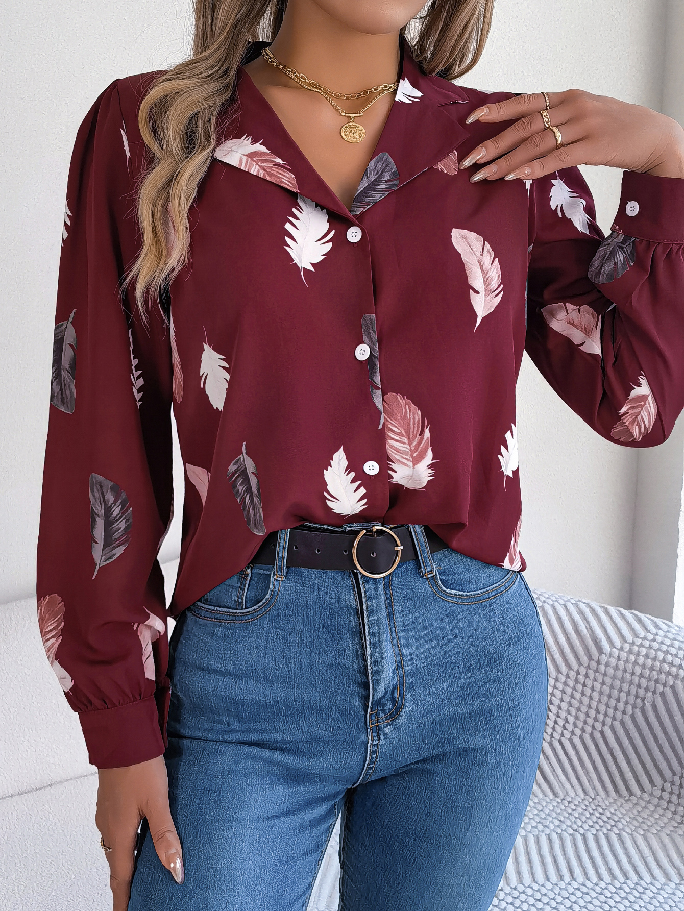 Women's Elegant Feather Print Notched Lapel Long Sleeve Shirt thumbnail 4