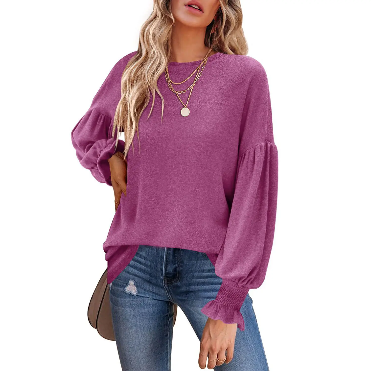 Women's Tops Amazon Round Neck Pleated Lantern Sleeve Women's Long European And American T-shirt
