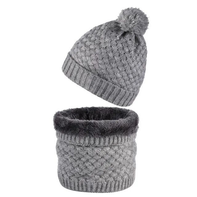 Plus Velvet Thick Knitted Fur Ball Hat Scarf Set Warm Wool Single Grey - Shop at LoveMi