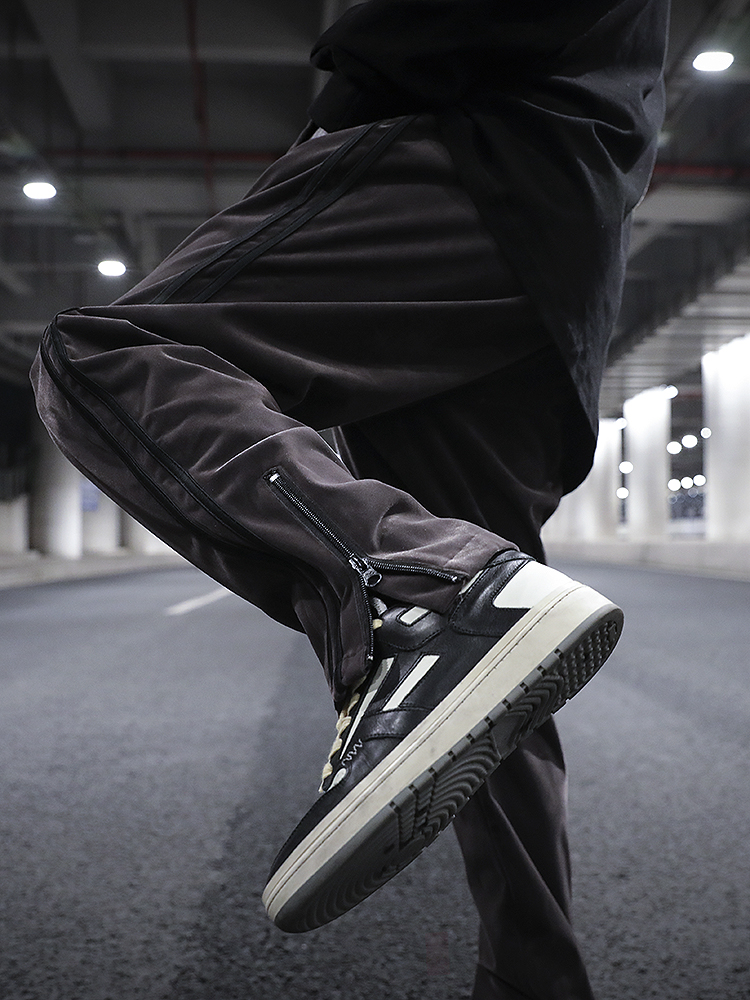 Side Striped Zipper Slit Woolen Straight-leg Sweatpants