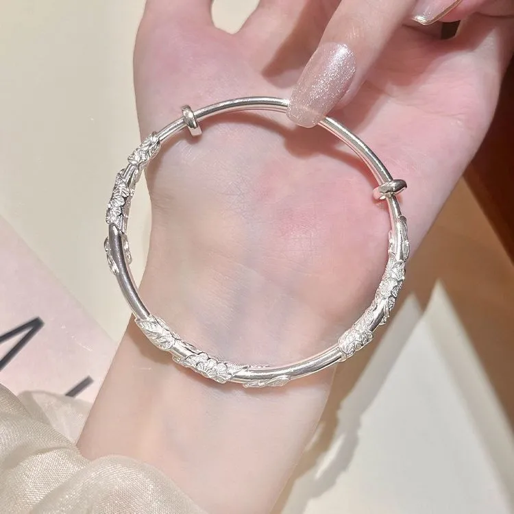 1pcs 925 Sterling Silver Floral Retractable Silver Bangle, Classic Retro Style, Ideal For Birthday & Holiday Gifts
