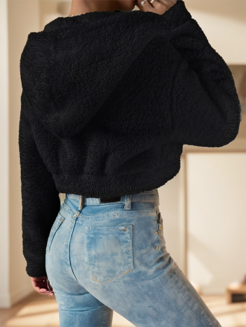 Solid Color Zip-up Teddy Hoodie, Casual Long Sleeve Hoodie Jacket