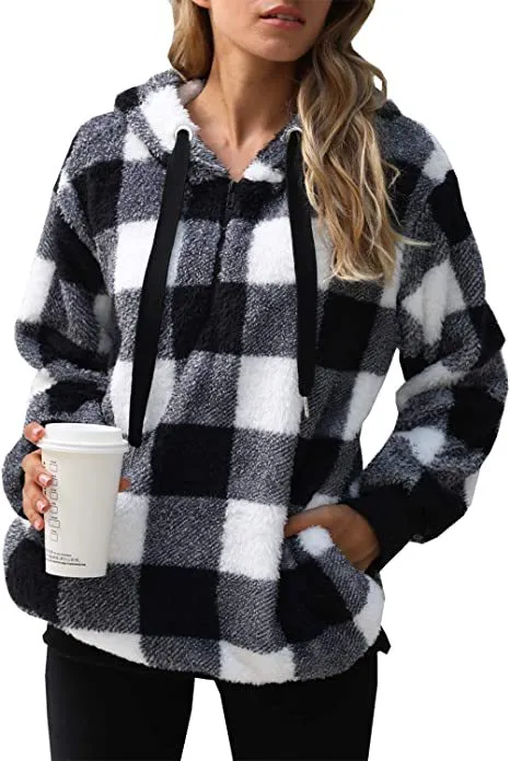 Loose And Thick Plaid Turtleneck Sleeve Plush Sweater Coat Women - Black
