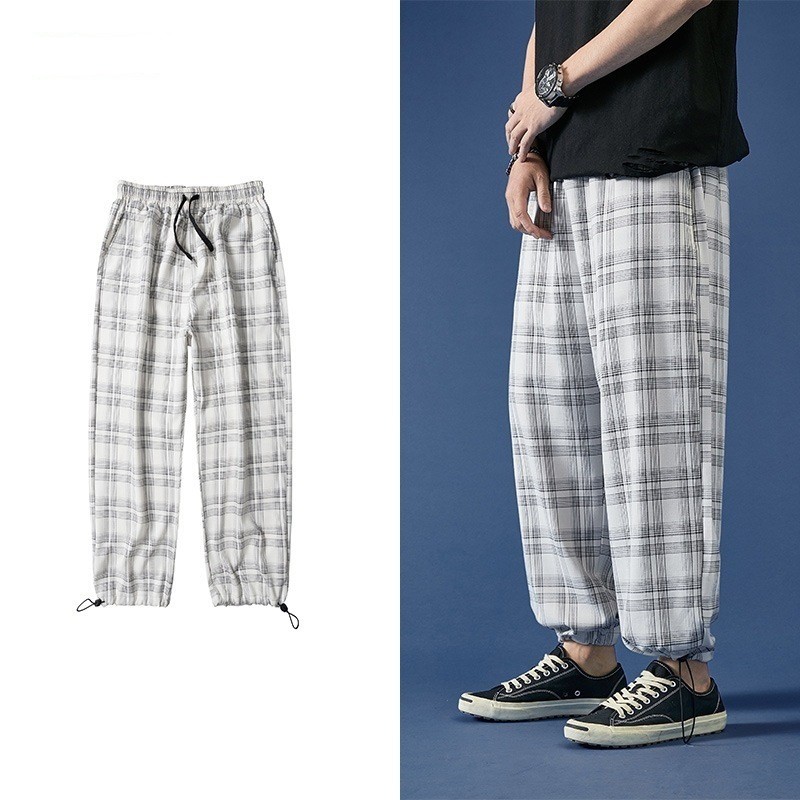 Loose Straight Drawstring Black And White Plaid Ankle Banded Pants