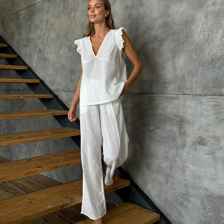 Cotton V-neck Flutter Sleeve Top And Trousers Loose Two-piece Casual Set - Image 1