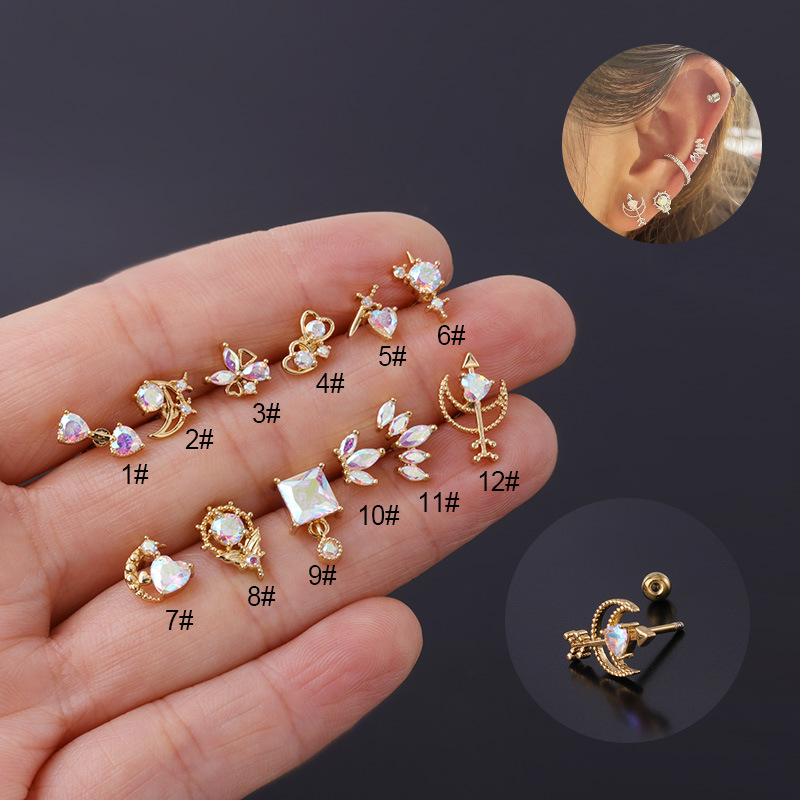 New Popular AB Color Zircon 20G Stainless Steel Thin Rod Earrings