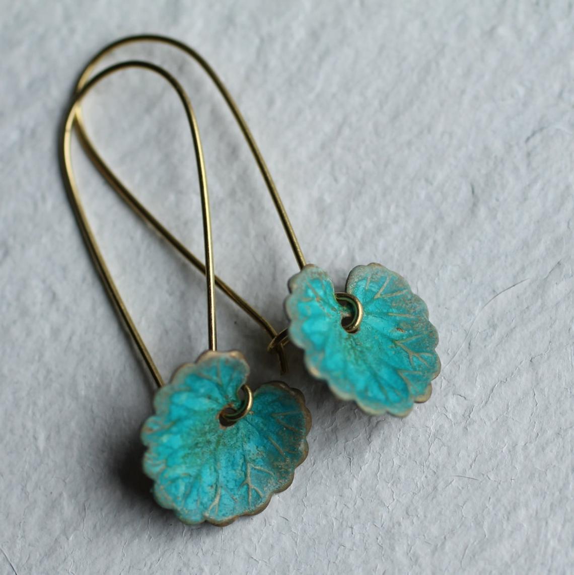 Title 2, Vintage Green Leaf Turquoise Lily Long Earrings