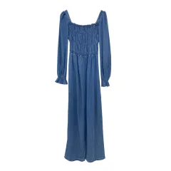 Women's Design Smocked Square Neck Denim Jumpsuit - Light Blue - View 1