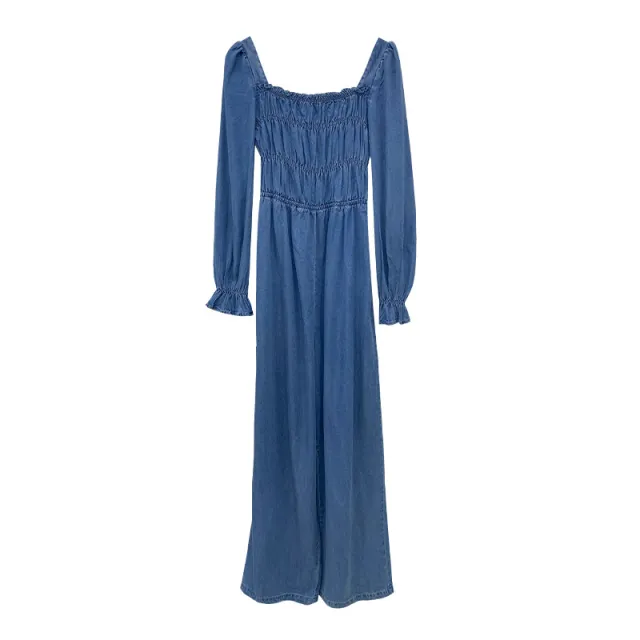 Women's Design Smocked Square Neck Denim Jumpsuit Light Blue - Shop at LoveMi