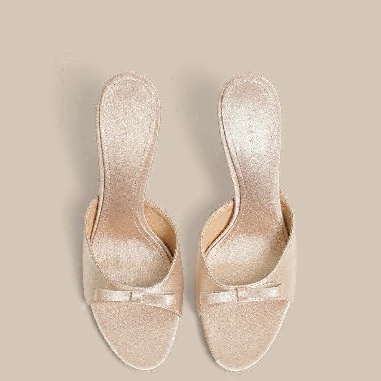 Female High-heeled Cool Mop Bow Large Size Silk Thin Heel Cool Mop New French... 2