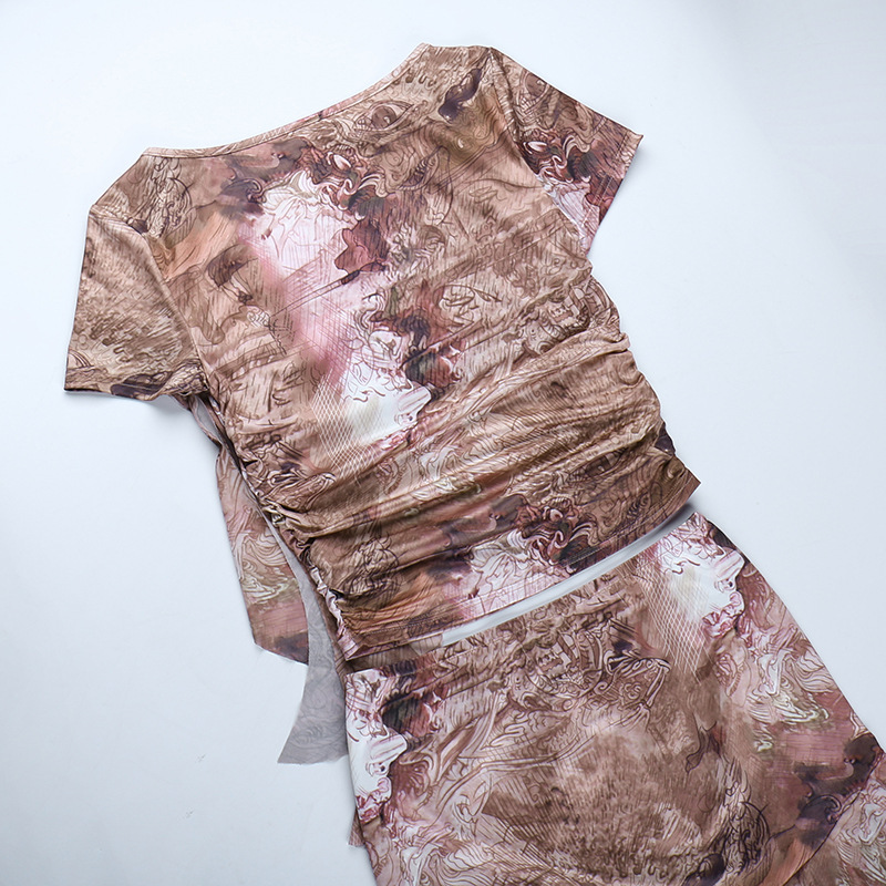 European And American Ruffled Round Neck Printing Short Sleeve