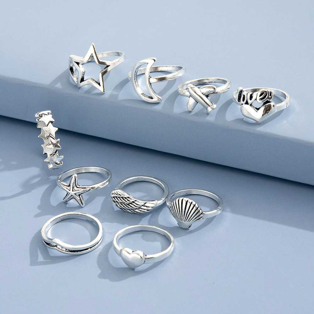 Personalized Retro English LOVE Star Moon Plane Starfish Shell Ring