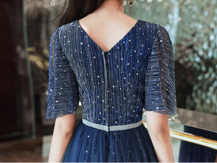 Sequin Blue V-Neck Slim Long Dress - 8