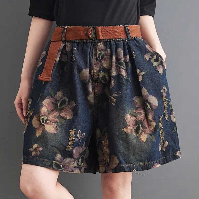 New Fat Sister Print Thin Wide Leg Shorts Women