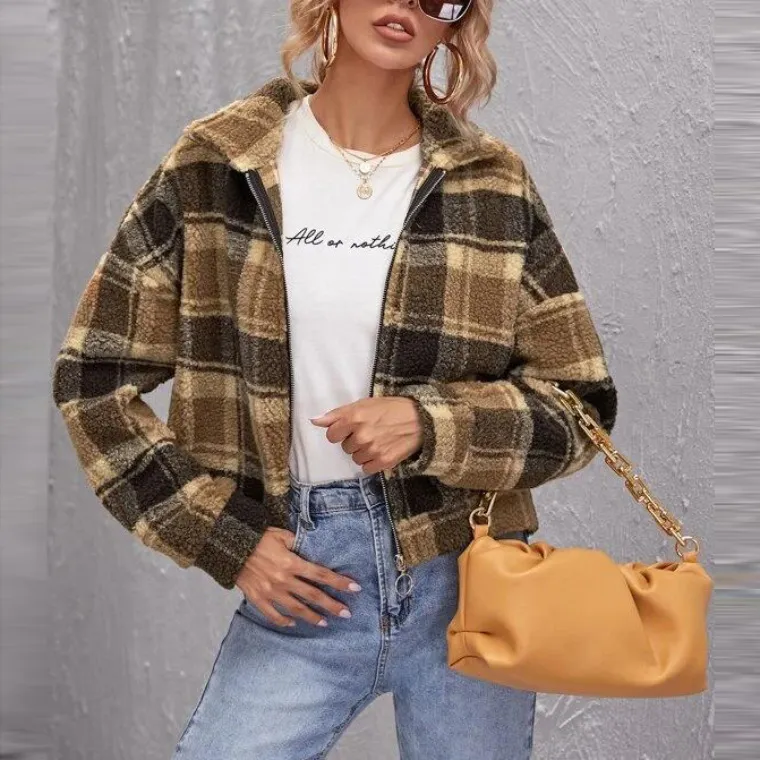 Lapel Cardigan Plaid Literary Street Hipster Yellow - Khaki