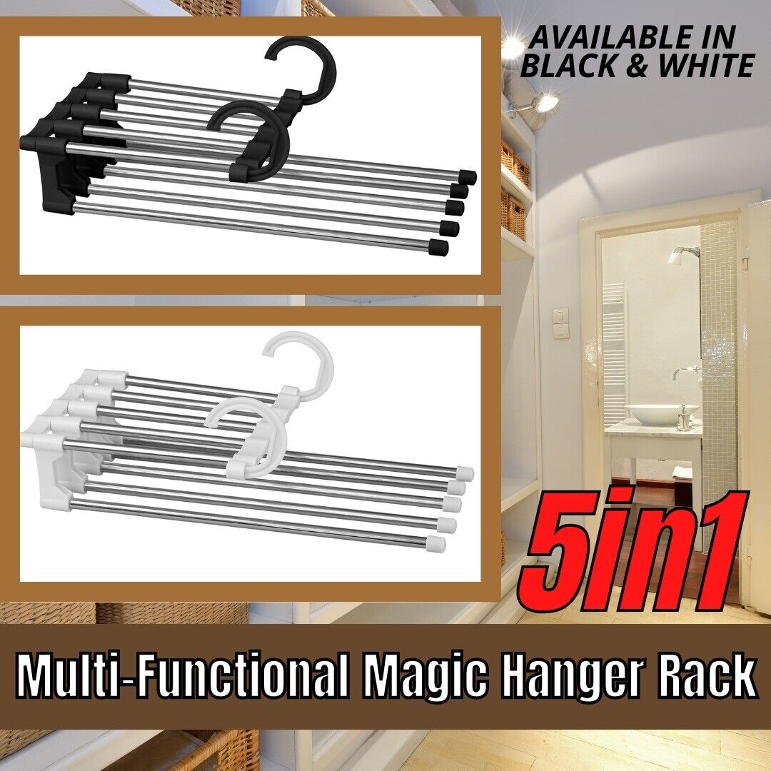 Magic Metal Hanger Closet Space Saver Organizer shipping inside the US USPS First Class Package handling 2 Day Handling 2-5 Day Shipping 5 in1 Multi-functional Pants Rack Shelves Stainless Steel Wardrobe Magic Hanger by KT Deals RANDOM COLOR WHITE/BLACK S