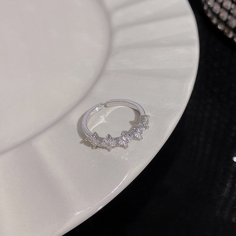 1PCS Ins Style Silver Zircon Ring For Women, Light Luxury Minimalist Design, Adjustable Open Band, Versatile Elegant Jewelry