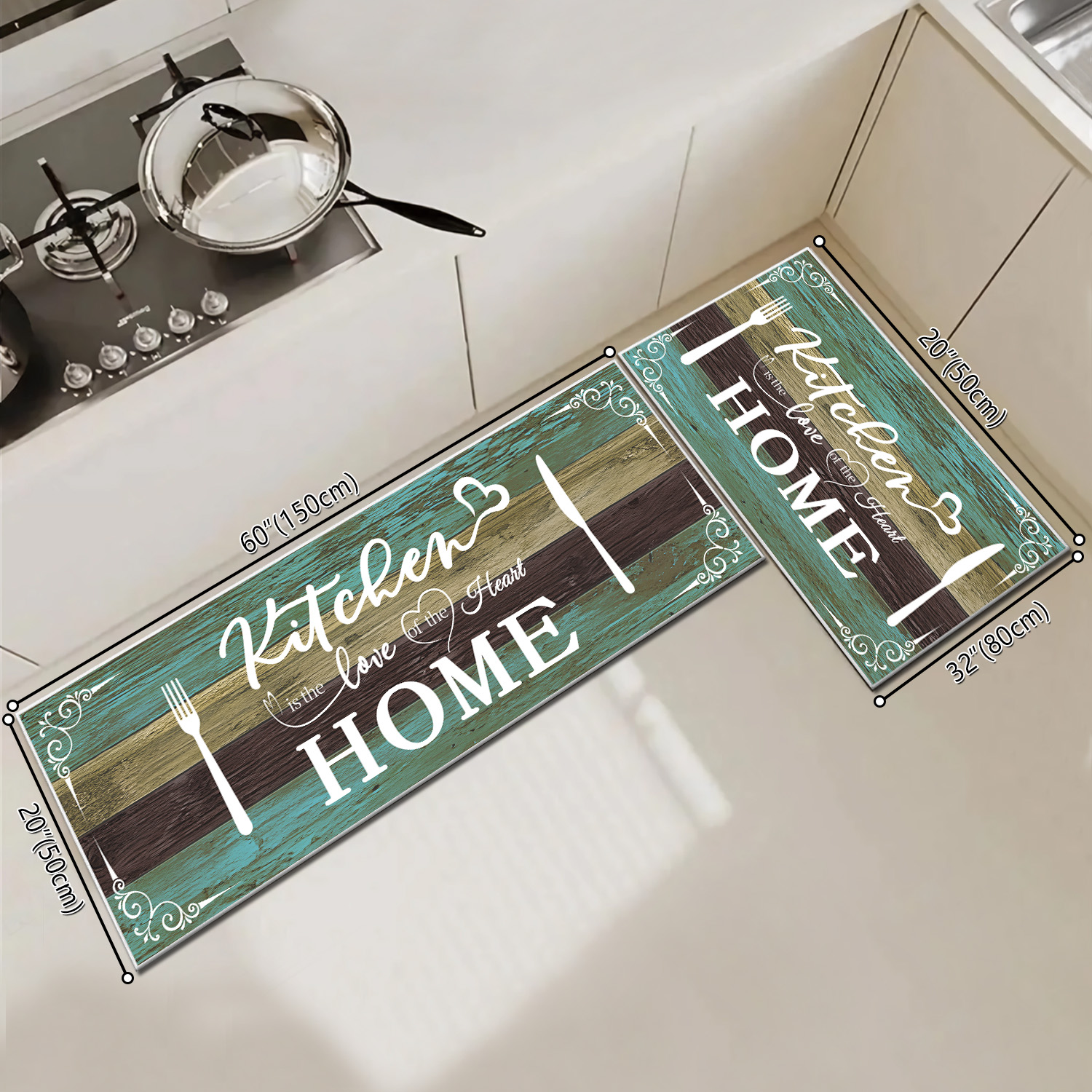 Boho Kitchen Rug Sets 2 Pieces, Washable Kitchen Mats For Floor, Non Slip Soft Kitchen Area Rug Floor Mat For Kitchen, Laundry Room And Hallway Teal, 20''X32''  20''X48'' 8