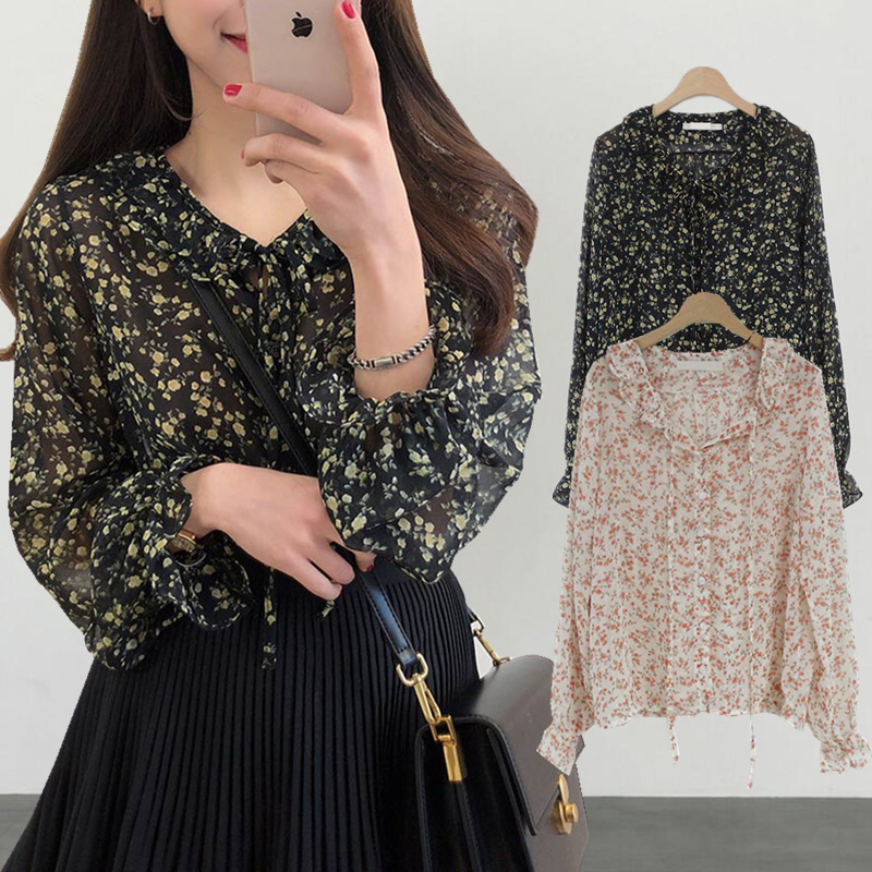 Women's Floral Ruffled Loose Long Sleeve Chiffon Shirt