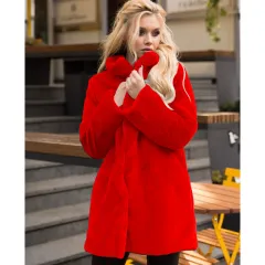 Stand-up Collar Winter Faux Fur Coat Mid-length - Red - View 1