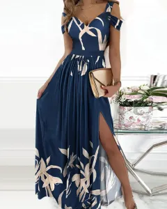 Long Floor Length Elegant Greek Style Pleated Dress - Navy Blue - View 1