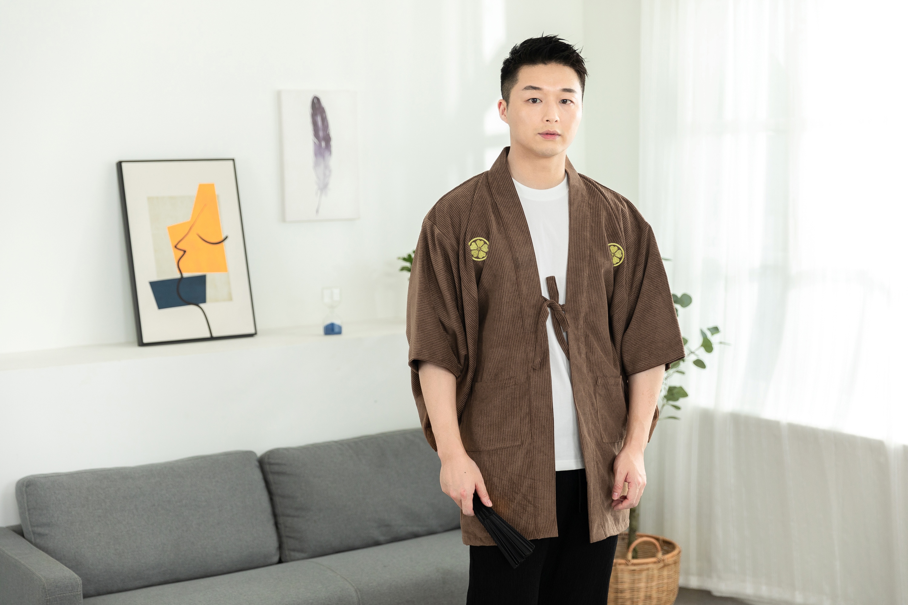 Men's Haori, Japanese Kimono Jacket, Samurai Style Embroidered Coat, Double-layer Lace Up Outerwear, Unique Japanese Novelty Clothing, Halloween Costume.